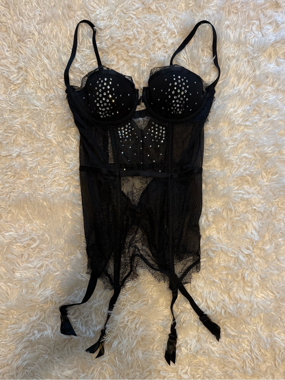 Victoria’s Secret Black Rhinestone Mesh Bustier with Garter Straps 34B